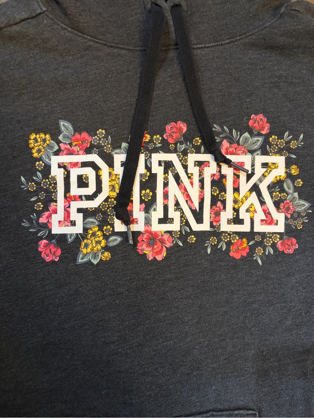 Victoria’s Secret Pink Everyday Lounge Campus Grey Floral Pullover Hoodie Size M - Picture 3 of 7